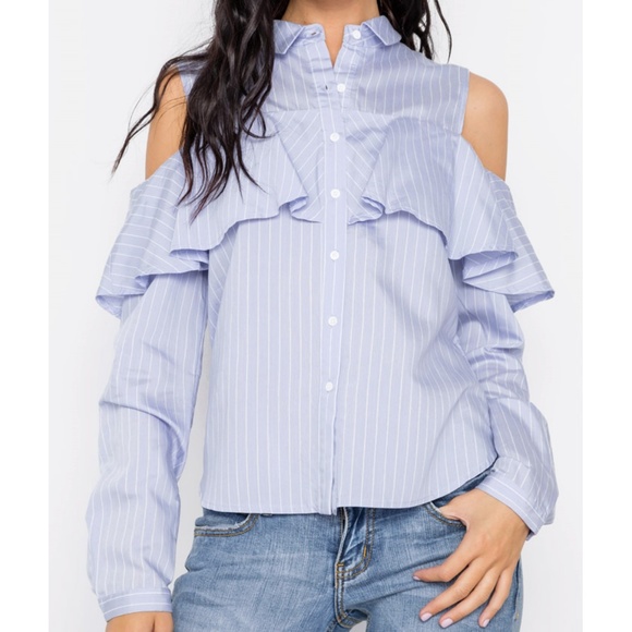 Light Blue Striped Cold Shoulder Ruffle Shirt Top - Picture 4 of 7